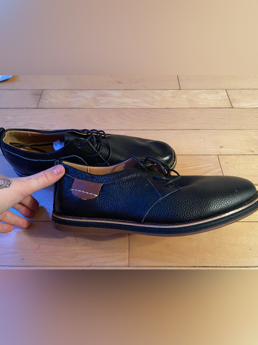 Men's Black Leather Derby Shoes with Brown Accent